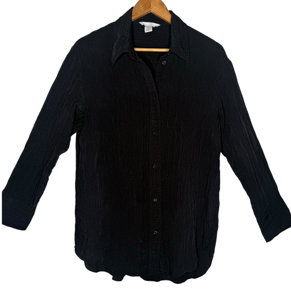 Womens M Black Crinkled Blouse Textured Button Up Shirt Goth Grunge Whimsigoth